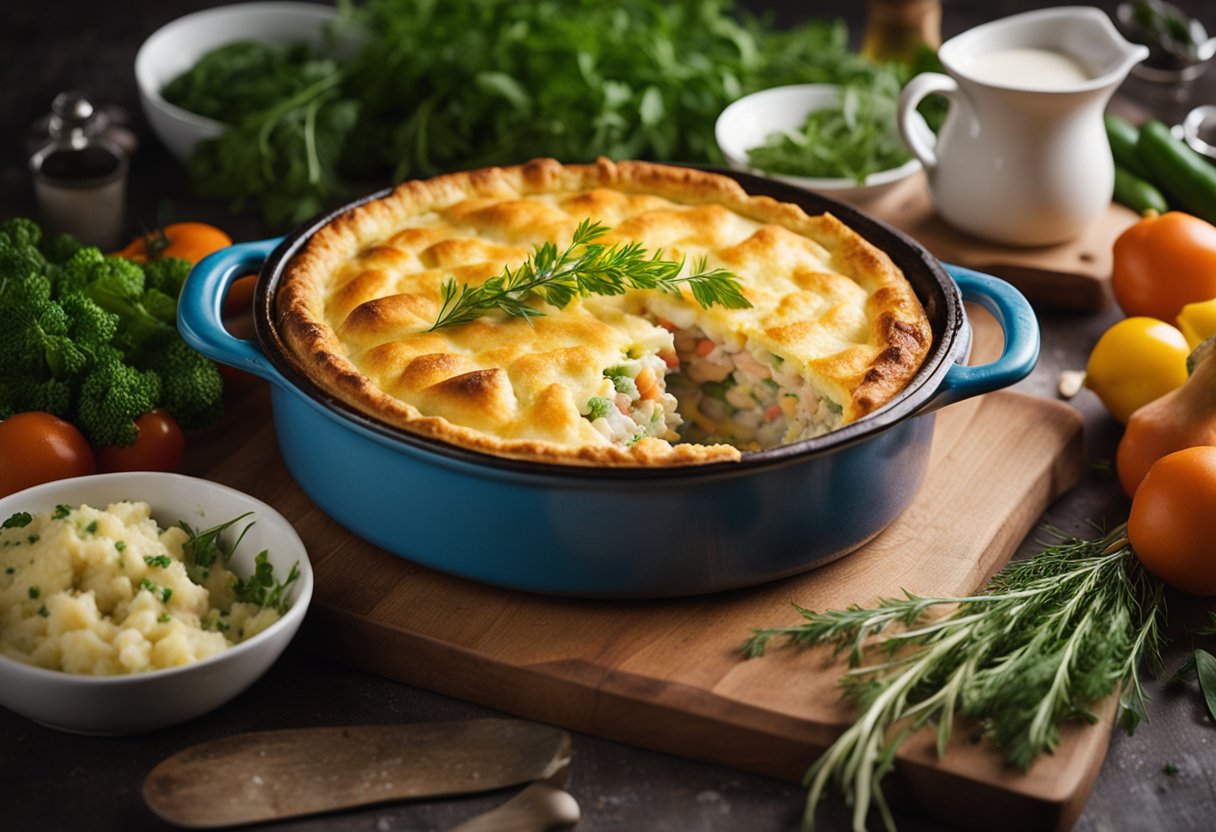 A steaming fish pie sits on a rustic table, surrounded by fresh herbs and colorful vegetables. A golden, flaky crust covers the creamy filling, creating a mouthwatering sight