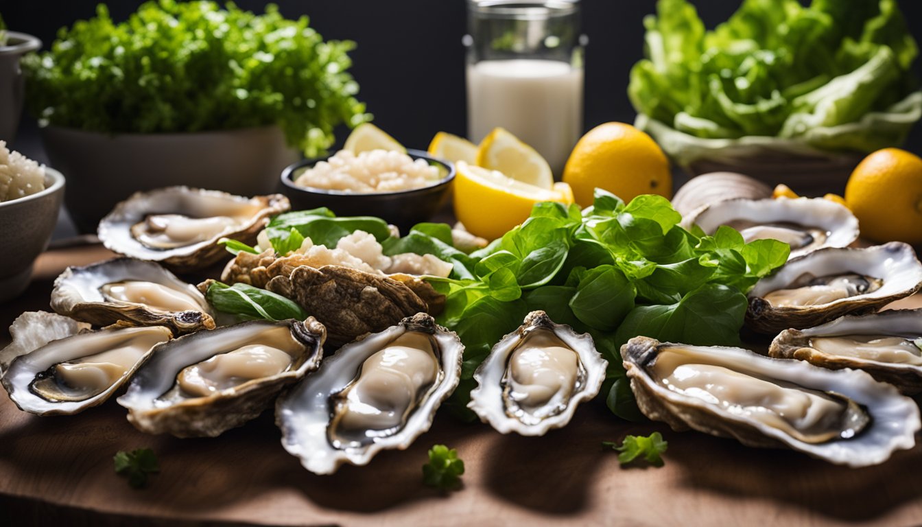 A table with fresh oysters from Aldi, surrounded by vibrant green vegetables and fruits, symbolizing health and sustainability