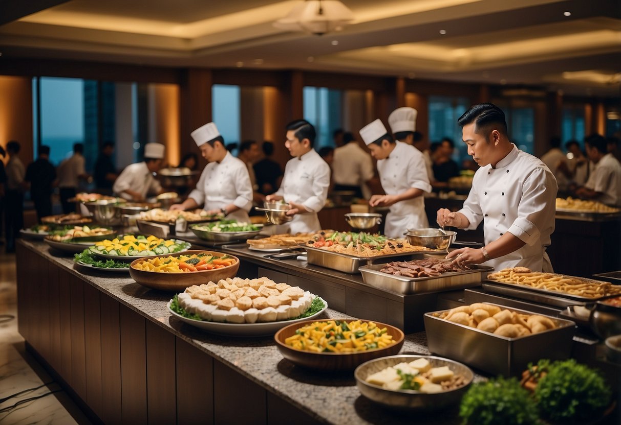Guests indulge in a lavish buffet at The Westin Singapore, savoring a wide array of delectable dishes and delights. The elegant setting and enticing spread create a scene of culinary bliss