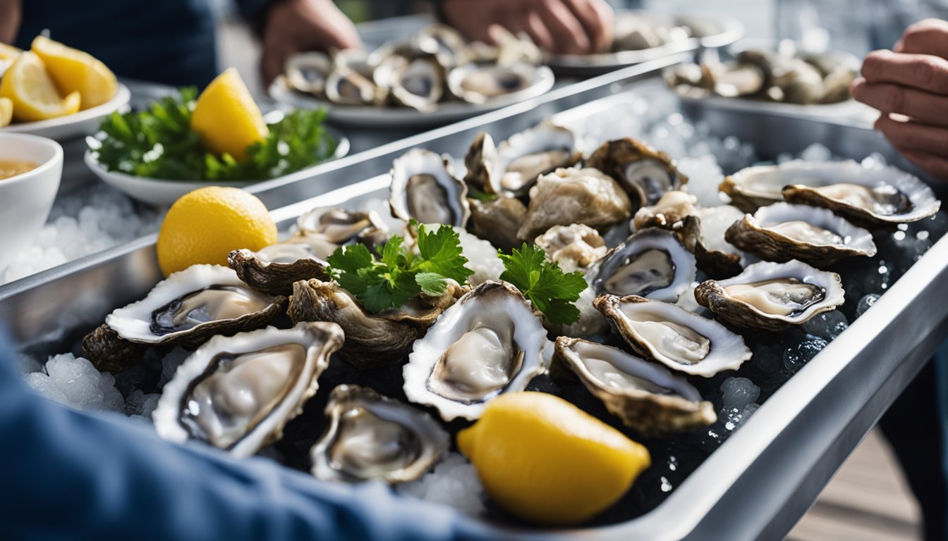 A table with a variety of oysters on ice, a sign reading "Frequently Asked Questions about Aldi Oysters," and a small crowd of people in the background