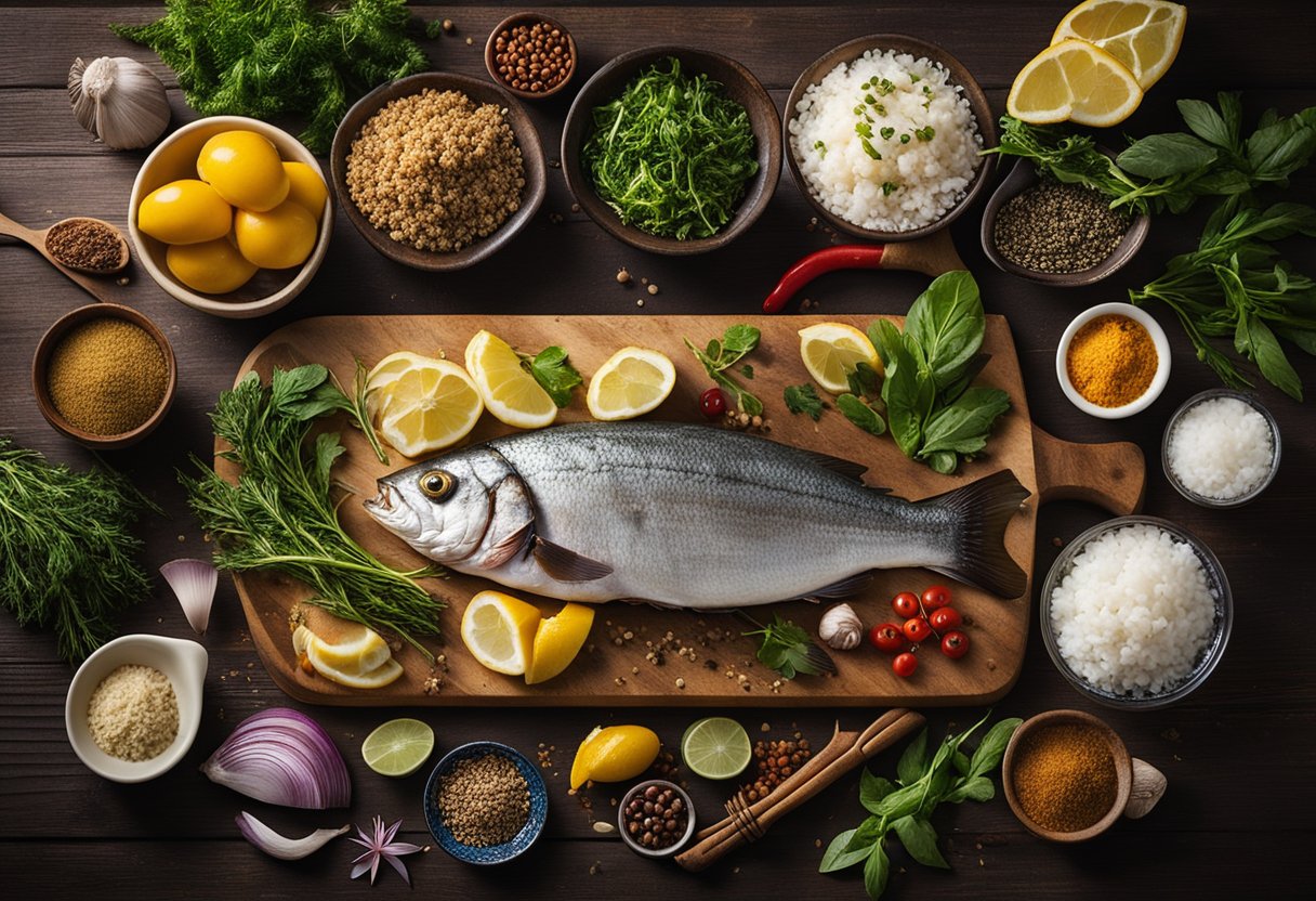A colorful array of fresh fish, herbs, and spices arranged on a wooden cutting board, surrounded by various cooking utensils and a recipe book open to a fish dish