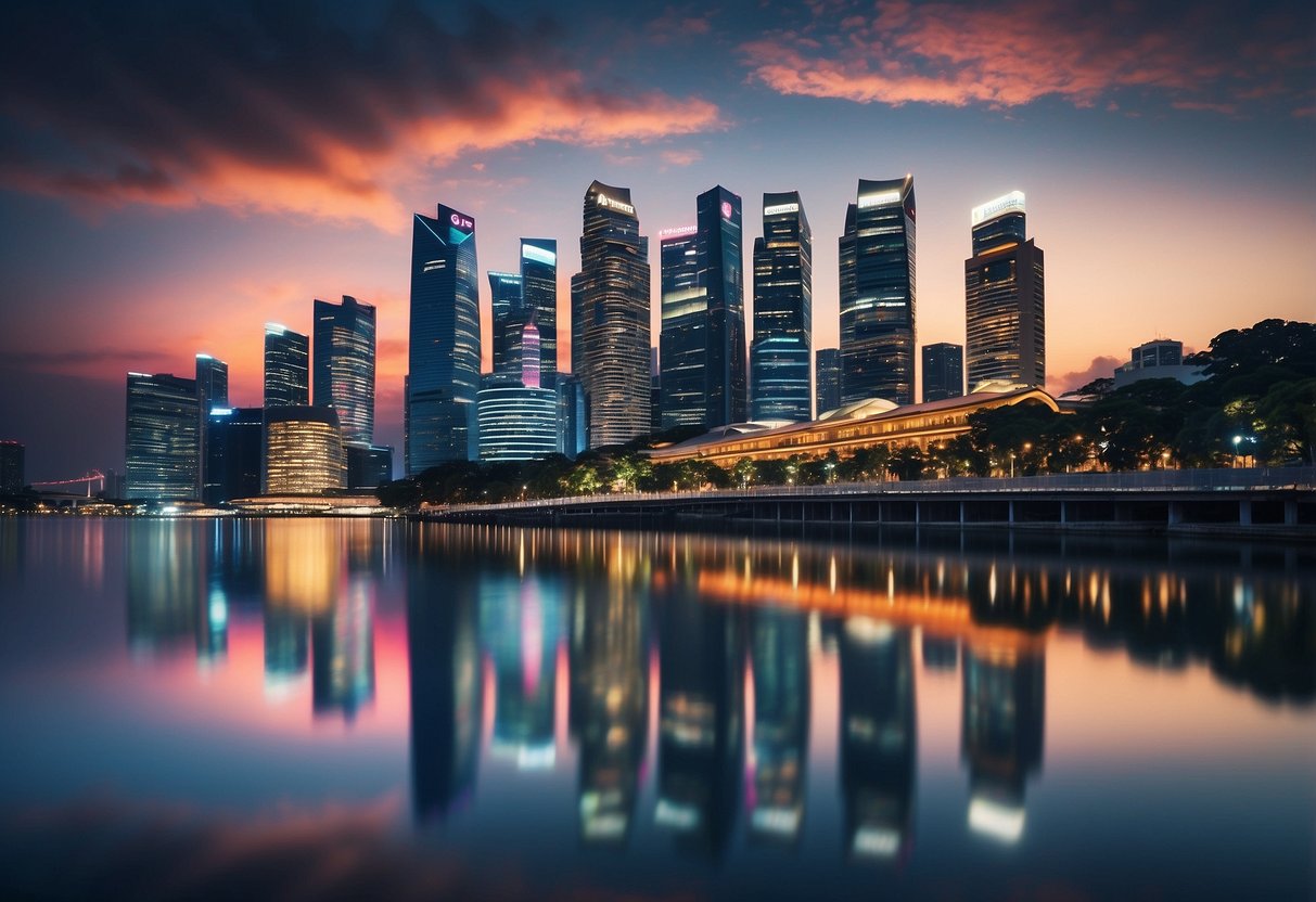 A vibrant cityscape with the iconic skyline of Singapore, featuring the prominent Tokio Marine logo displayed prominently in the bustling city center
