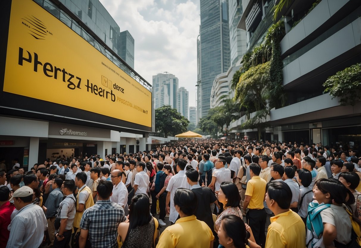 A bustling Singapore street with colorful banners and crowds outside a Hertz promotions event. The logo is prominently displayed on a large sign