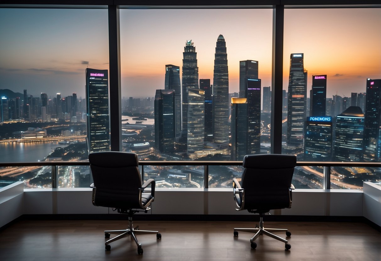 A sleek, modern office space with the logo of "2024 Promotions" prominently displayed, surrounded by the vibrant cityscape of Singapore, and the iconic skyline of Tokio Marine in the background