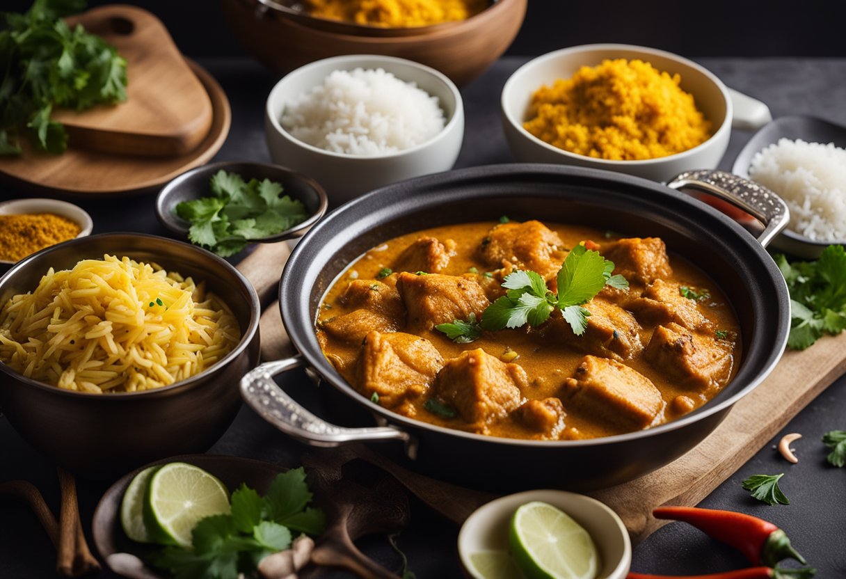 A pot of aromatic fish curry simmers on a stove, surrounded by bowls of vibrant spices and a mound of fluffy basmati rice