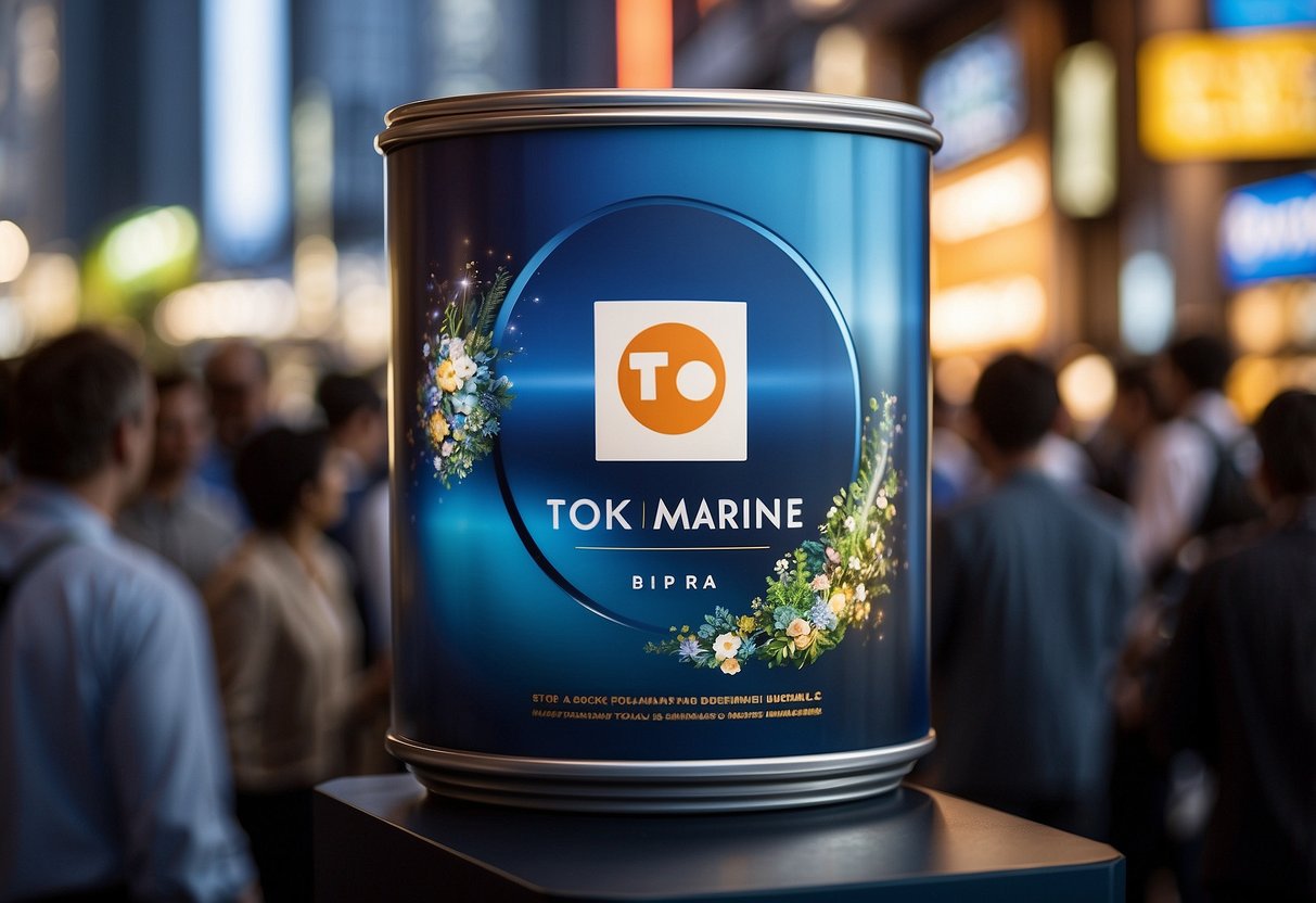 A vibrant display of promotional materials with the Tokio Marine logo, surrounded by a crowd of inquisitive customers seeking information