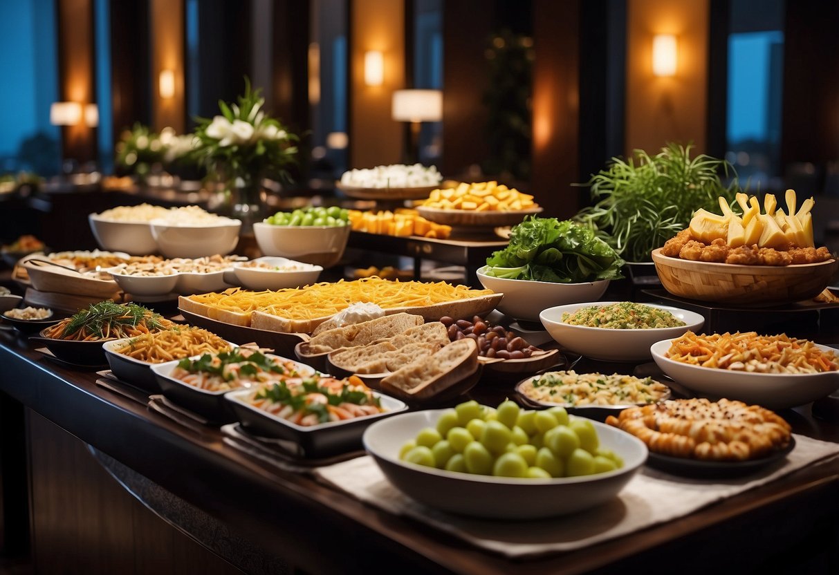 A lavish buffet spread at The Westin Singapore, with credit card promotions displayed prominently