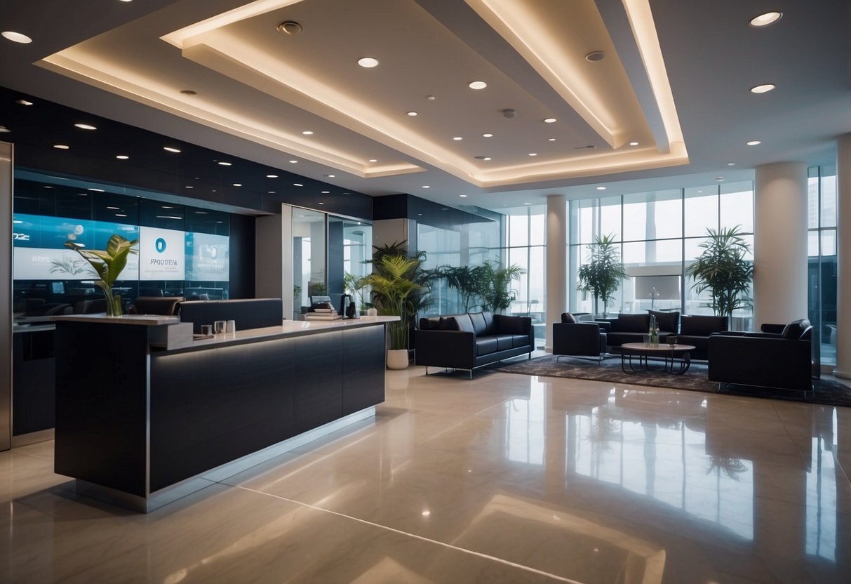 A sleek, modern car rental office with the "Exclusive 2024 Promotions" logo prominently displayed. Bright lights and a professional atmosphere convey a sense of luxury and exclusivity