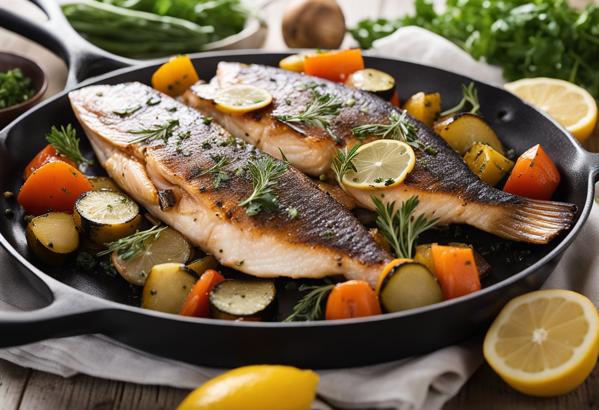 Searing fish in a hot skillet, flipping with a spatula, seasoning with herbs and lemon, and serving with a side of roasted vegetables