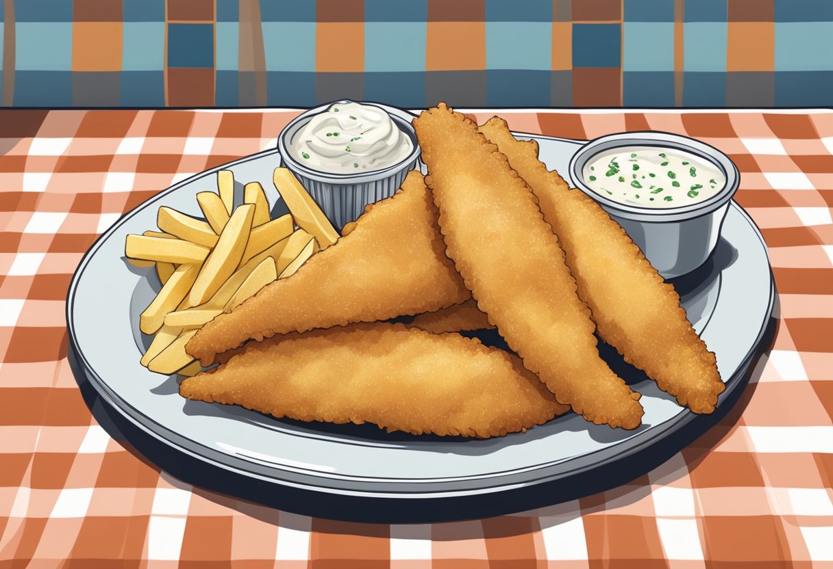 A plate of golden-brown fish and chips, with a side of tartar sauce, sits on a checkered tablecloth