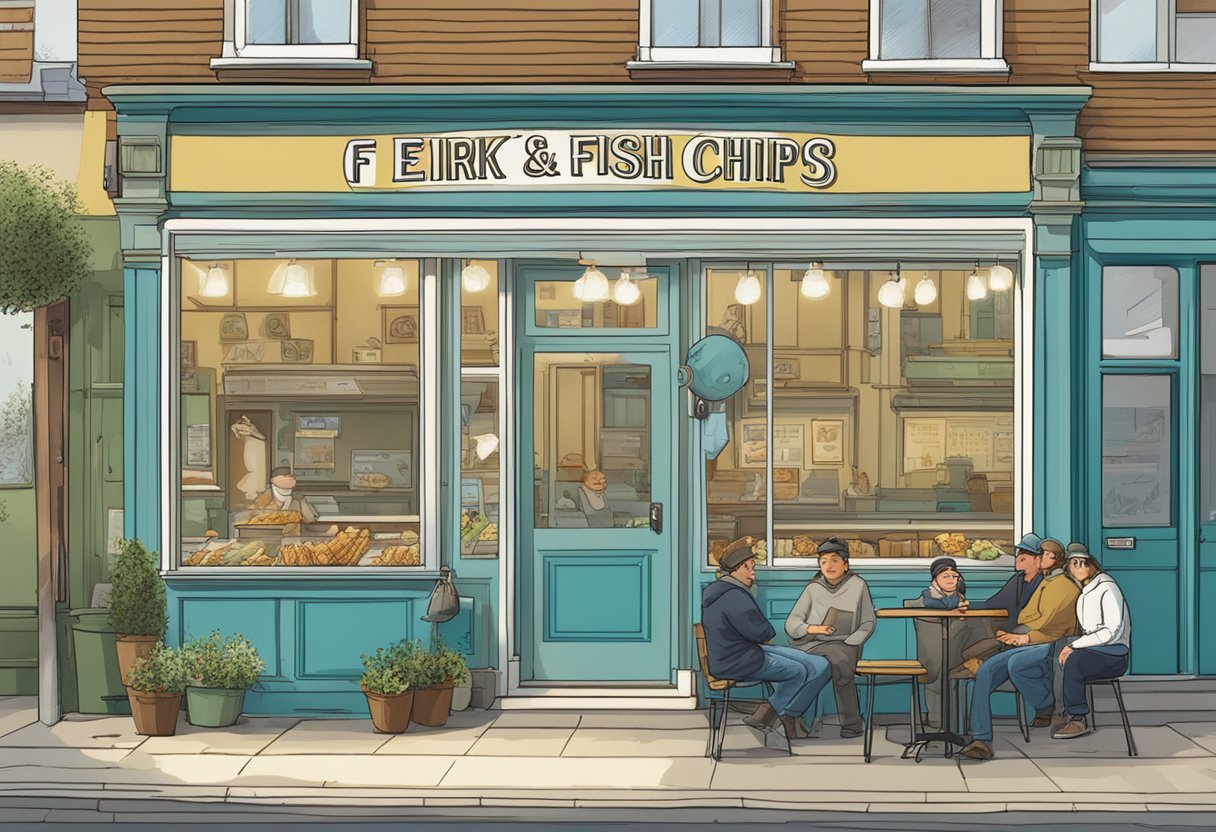 Customers enjoying fish and chips at Erik's shop, with a sign reading "Erik's Fish and Chips" hanging above the entrance