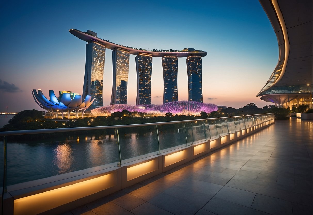 A colorful banner with "Traveloka Promotions Singapore" displayed above iconic landmarks like the Marina Bay Sands and Gardens by the Bay