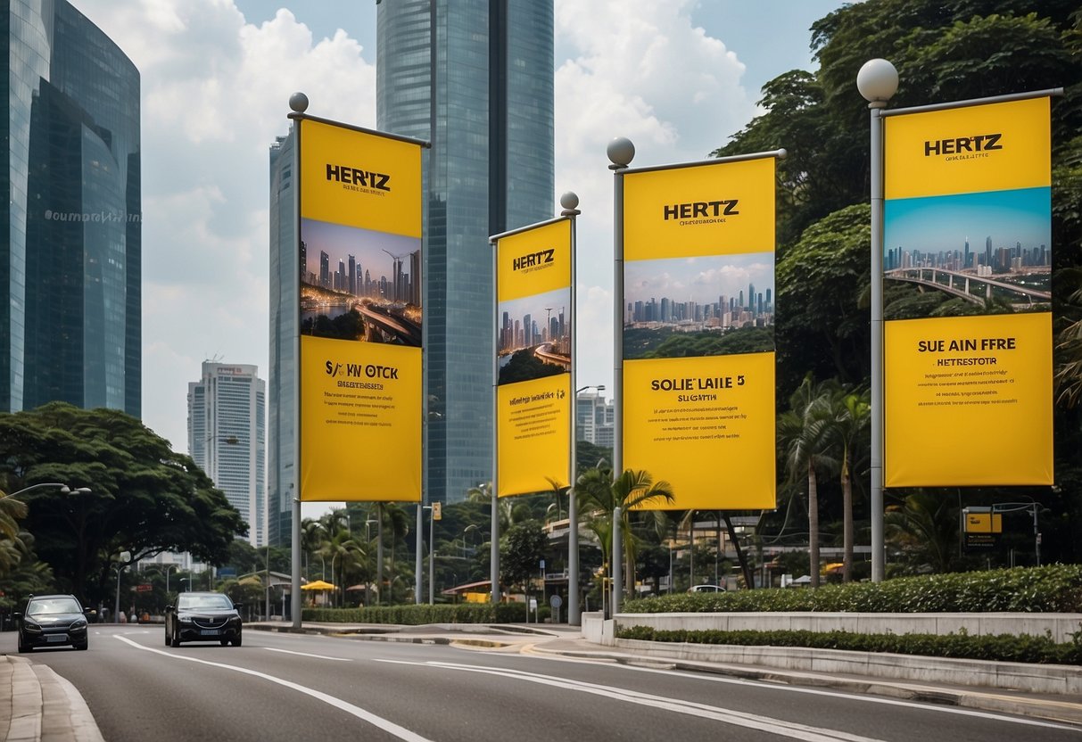 Brightly colored promotional banners for Hertz Singapore, with FAQs displayed, against a backdrop of city landmarks and bustling streets