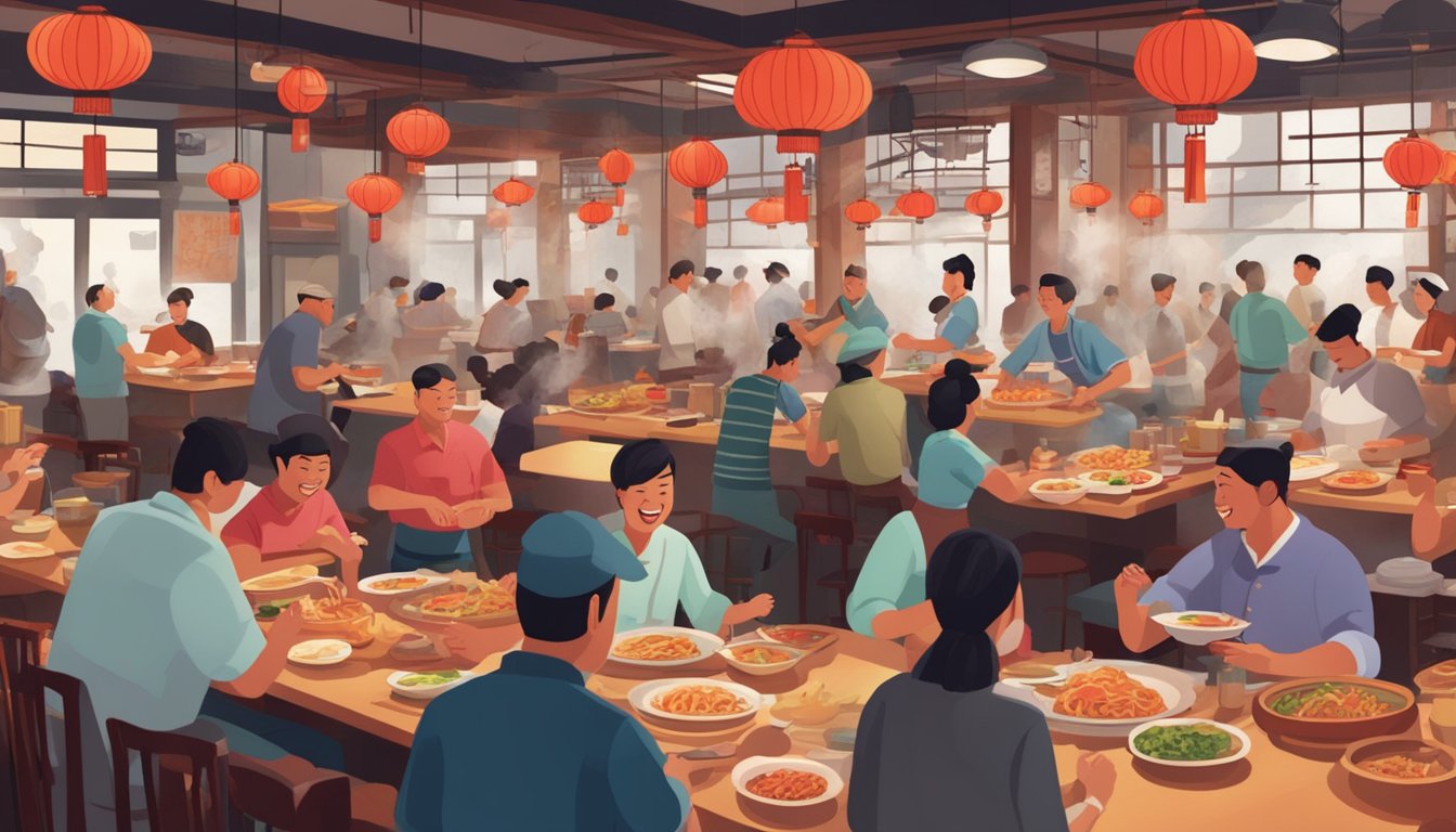 A bustling restaurant with red lanterns, crowded tables, and steaming plates of crab dishes. A chef tosses noodles in a wok, while customers chat and laugh