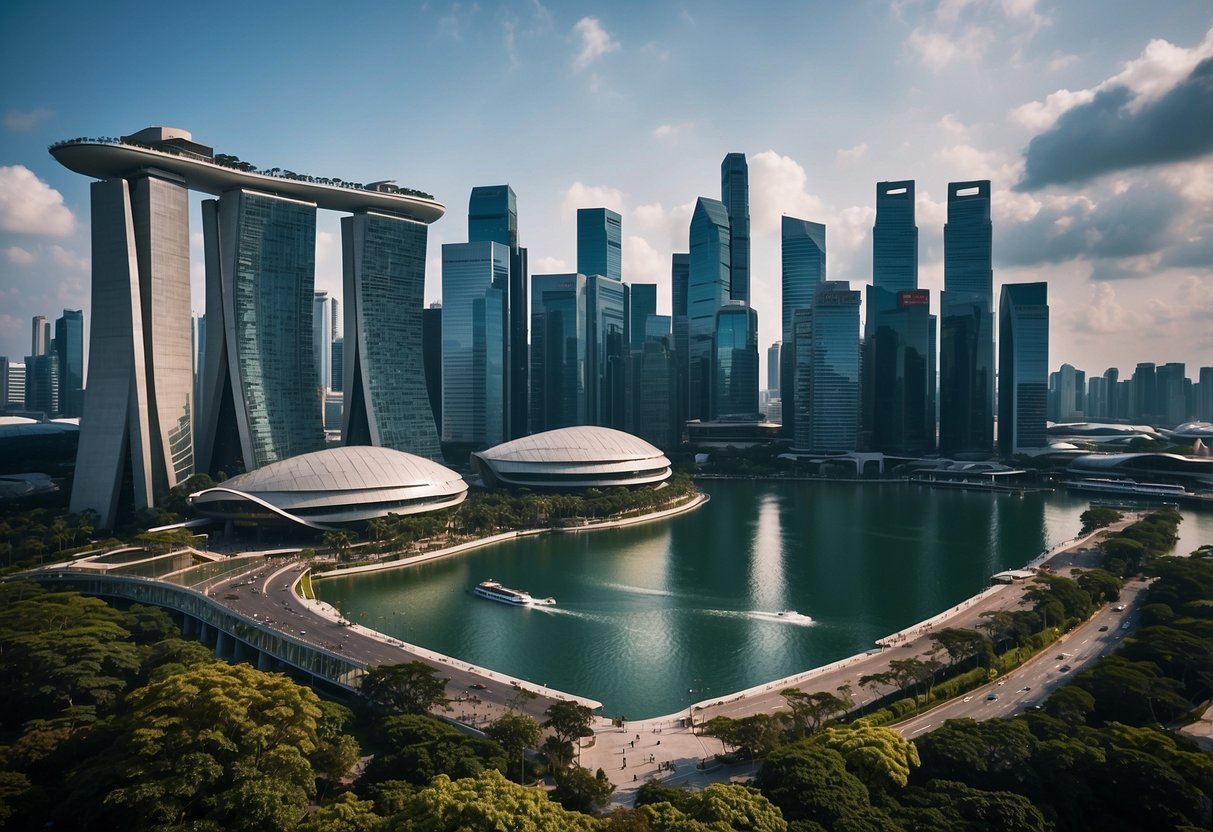A vibrant cityscape of Singapore with iconic landmarks and Traveloka promotions displayed on billboards and screens