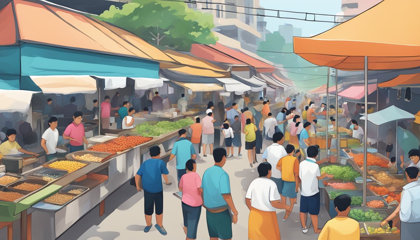A bustling street market with colorful food stalls and busy customers at the Fatty Crab in Petaling Jaya