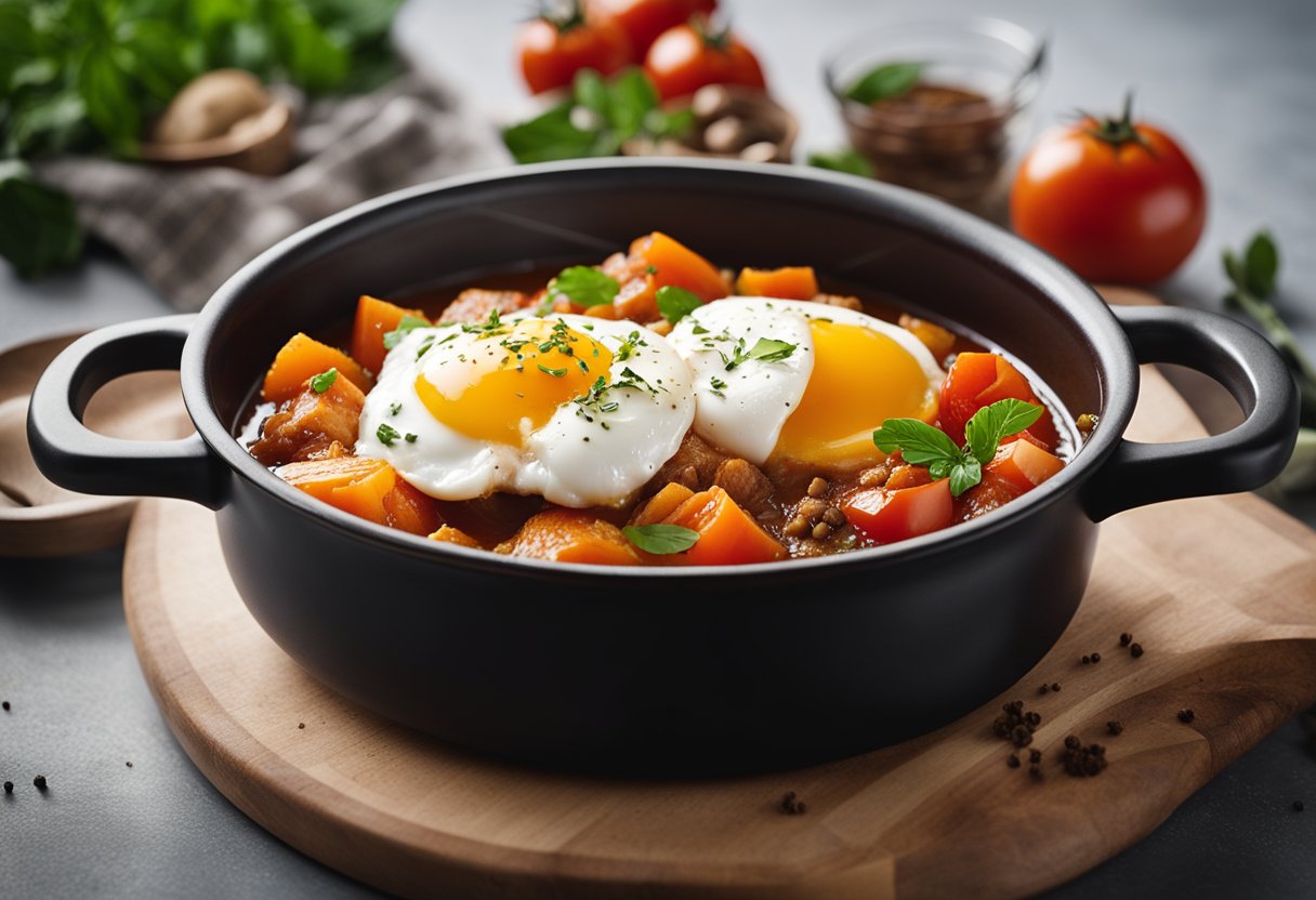 A pot simmering with tomatoes, spices, and fish fillets. A poached egg sits atop the stew, ready to be served