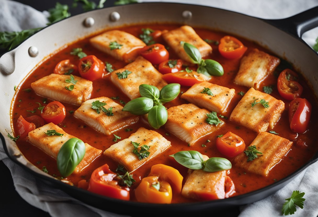 A skillet simmers with tomato sauce, bell peppers, and spices. A layer of fish fillets is gently placed on top, ready to cook