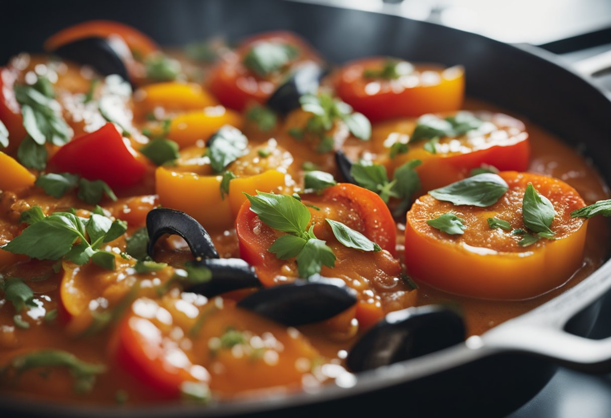 A pan sizzles with tomatoes, bell peppers, and fish simmering in a rich, aromatic sauce. Spices waft through the air as the dish comes together