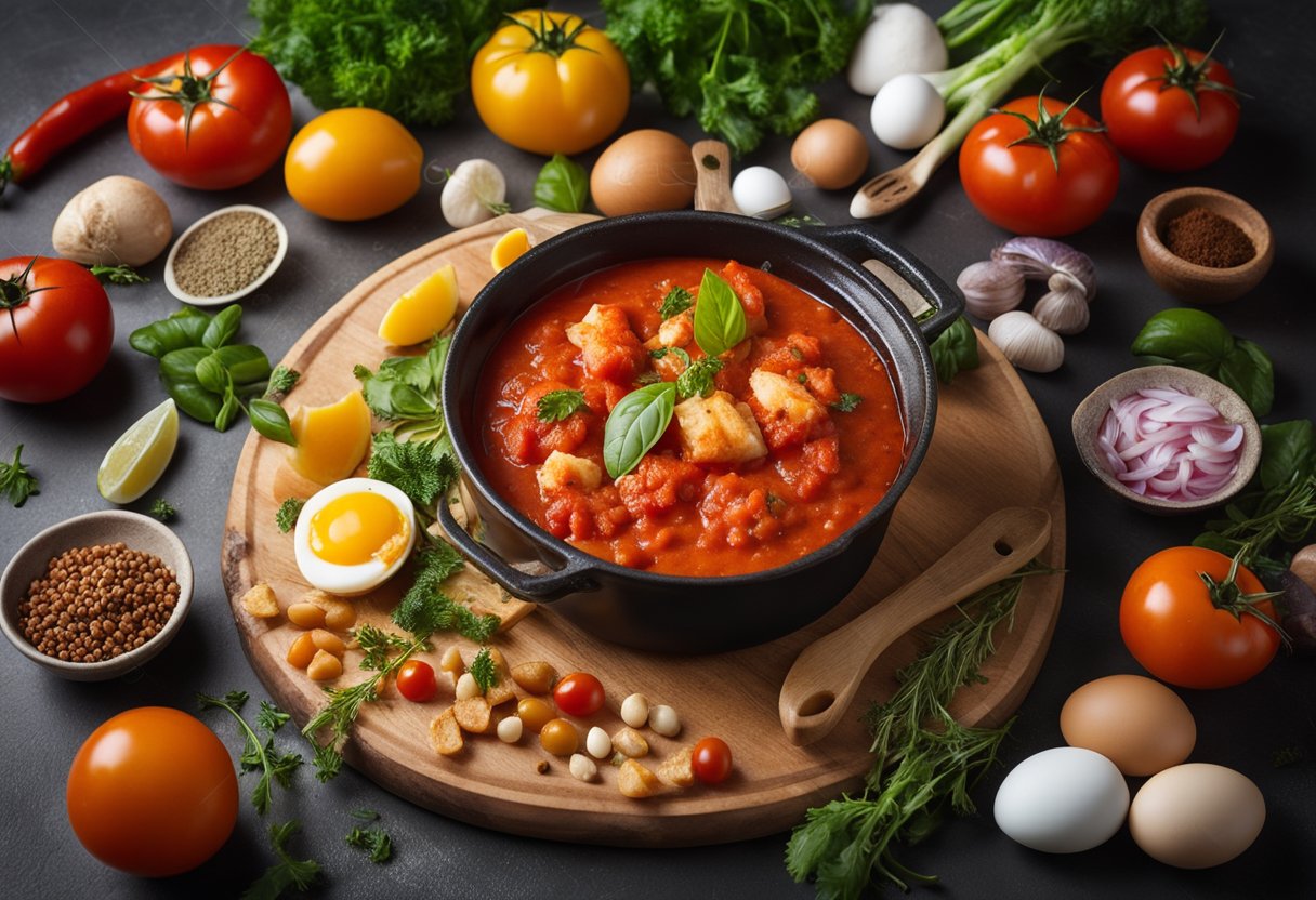 A bubbling pot of tomato sauce with chunks of fish, eggs, and spices, surrounded by colorful vegetables and herbs