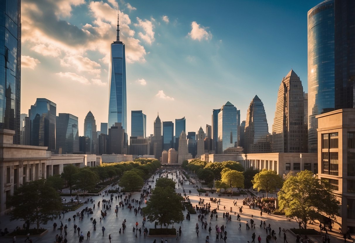 Bright city skyline with iconic landmarks, bustling streets, and people enjoying discounts and promotions