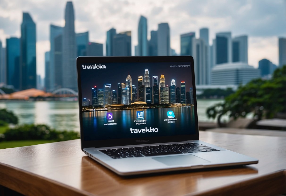A laptop displaying Traveloka promotions in front of a Singapore skyline with iconic landmarks