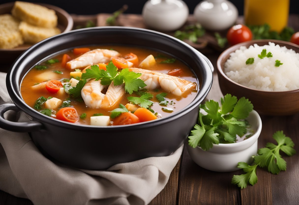 A steaming pot of fish soup with chunks of fish, tomatoes, and vegetables, garnished with cilantro and served with a side of rice