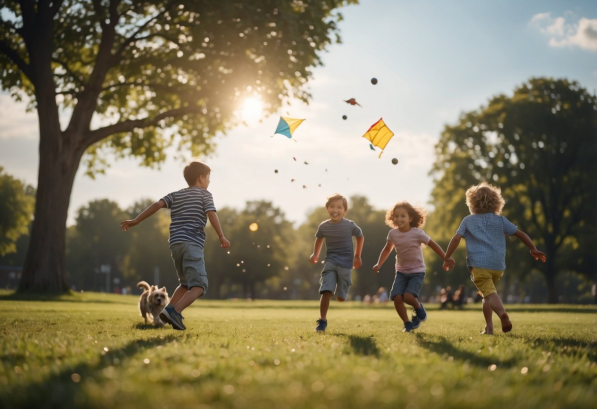 Children playing soccer, a dog chasing a frisbee, birds flying in the sky, a couple having a picnic, and a family flying kites in a park