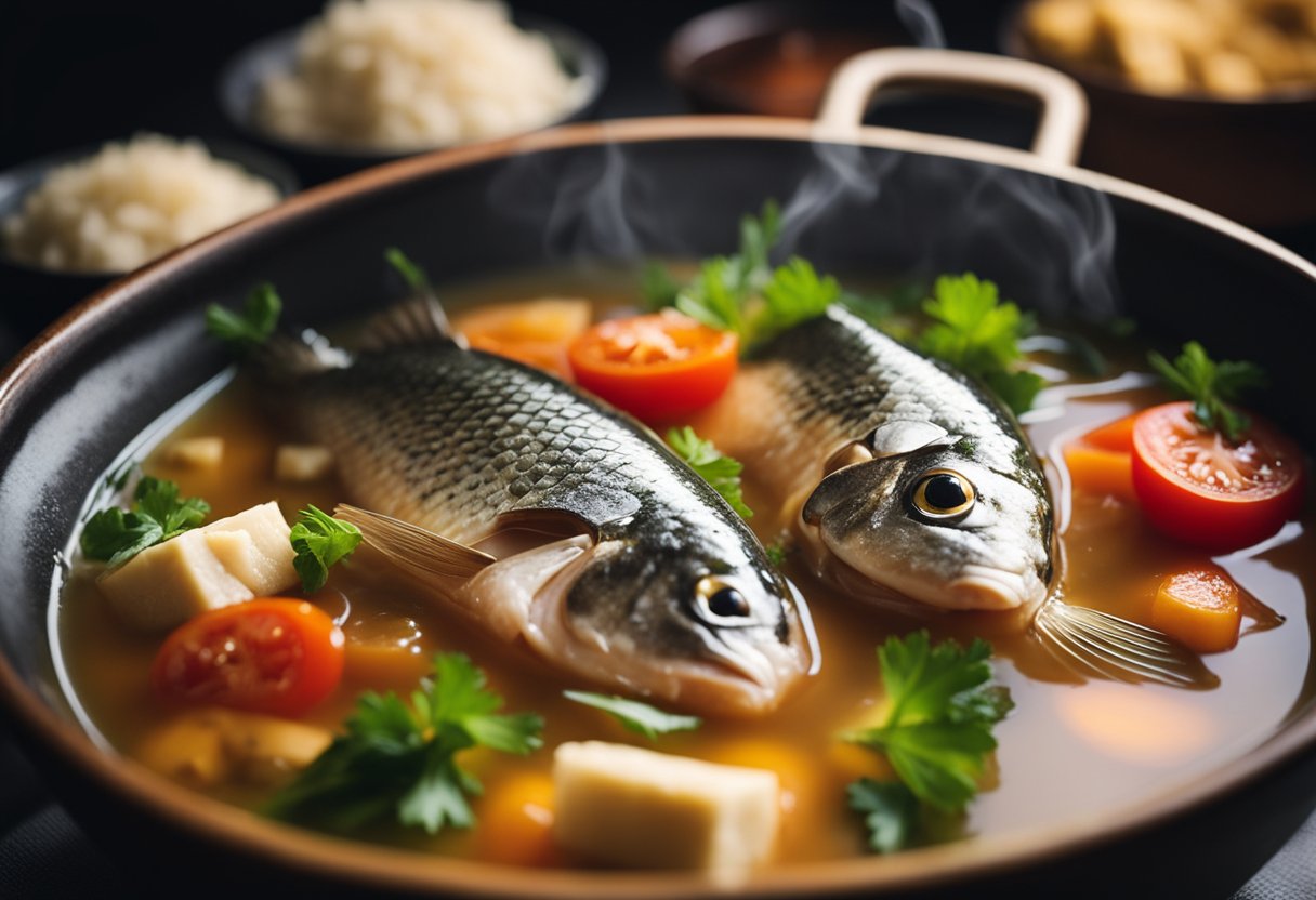 A steaming pot of Singaporean fish soup with chunks of fresh fish, tomatoes, tofu, and vegetables simmering in a fragrant, savory broth