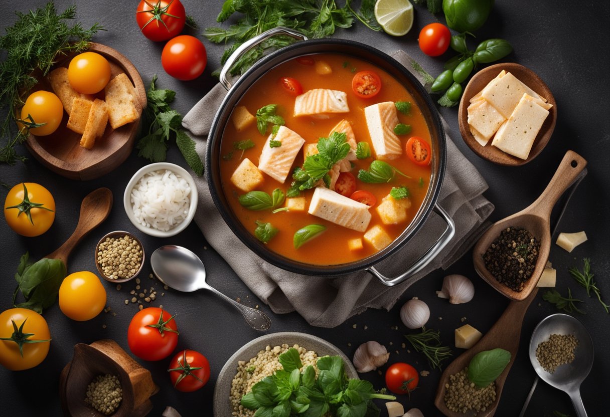 A steaming pot of fish soup surrounded by ingredients like fish slices, tomatoes, tofu, and herbs, with a bowl and spoon nearby