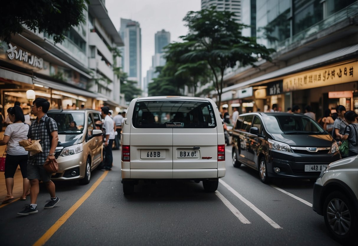 A crowded street in Singapore with vans displaying promotional materials and engaging with customers