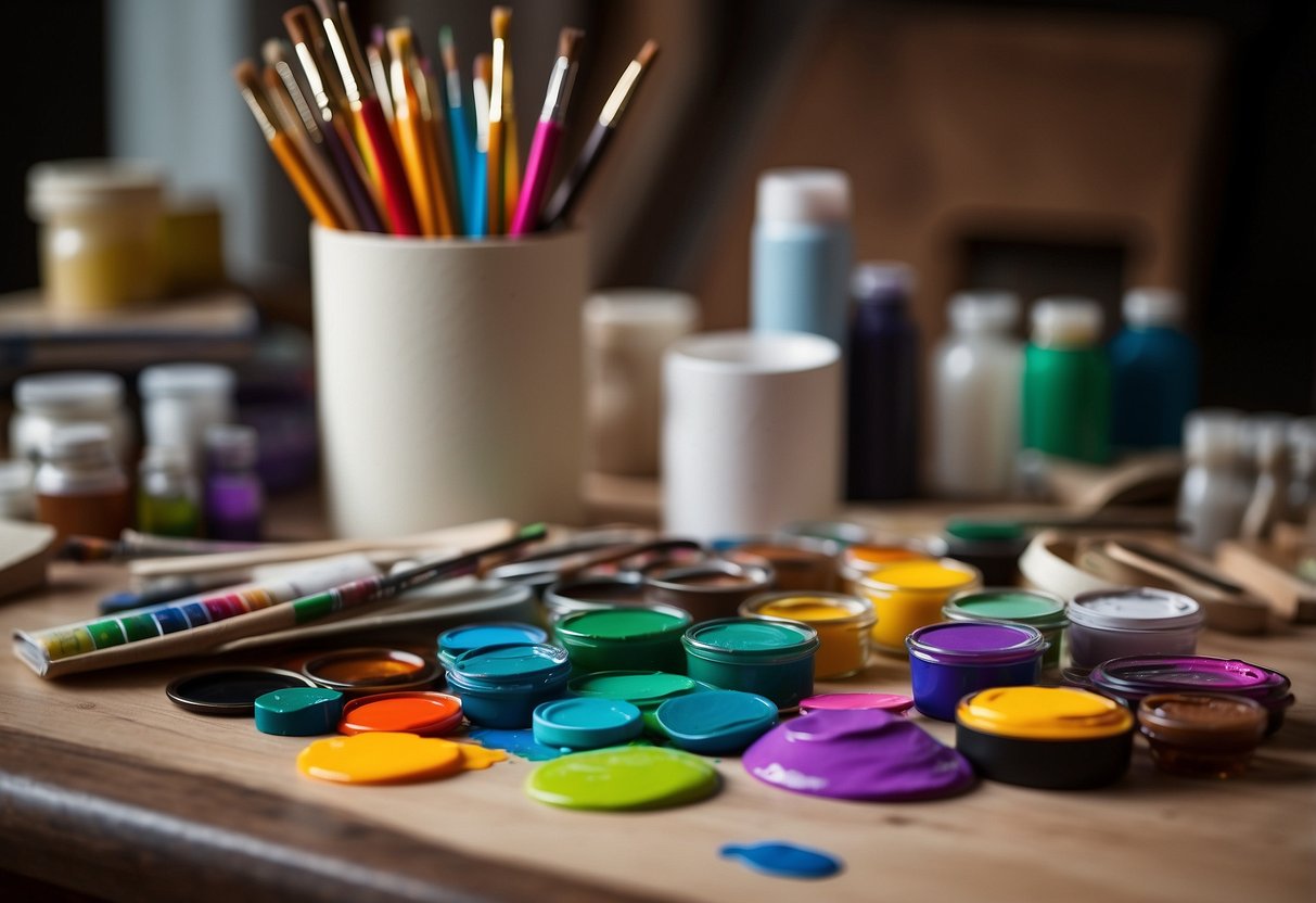 Various art supplies scattered on a table, with a blank canvas and colorful paints ready for use. A stack of books on creativity sits nearby