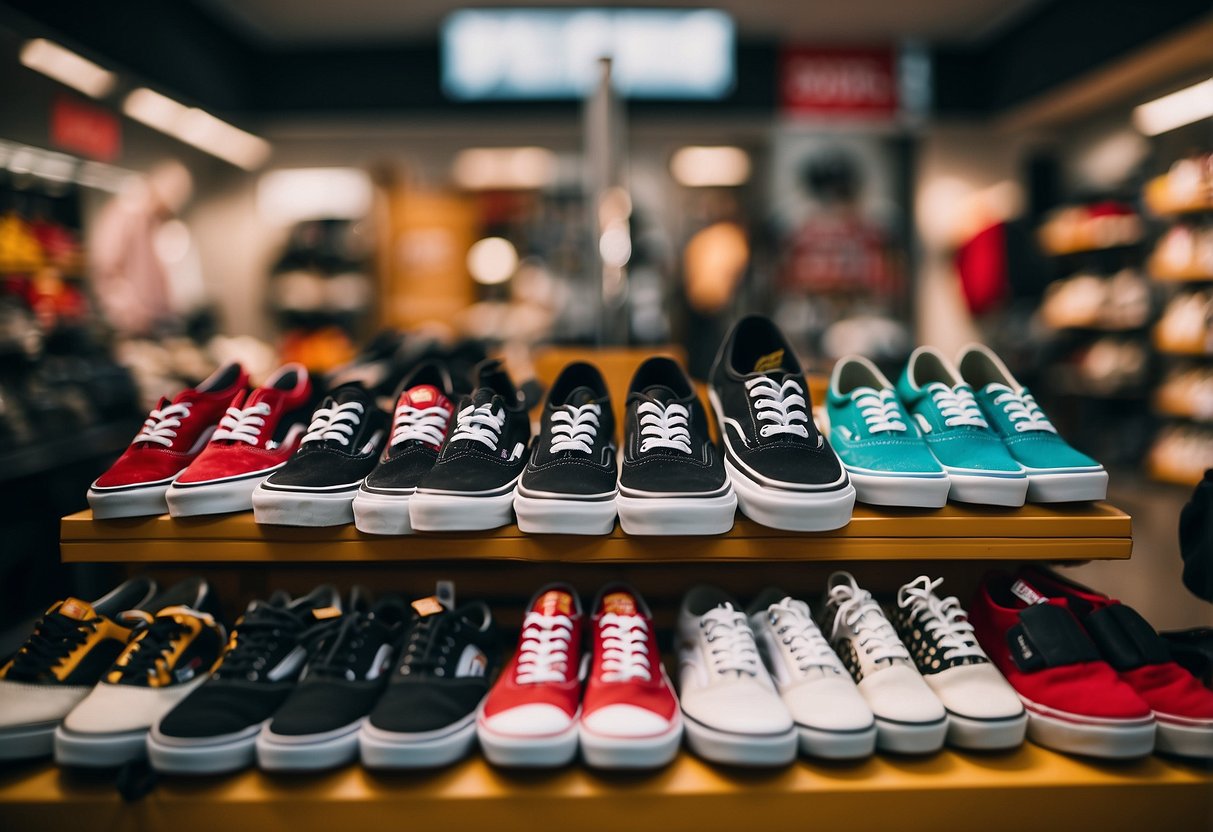 A colorful display of Vans shoes and accessories with promotional signage in a busy Singapore store
