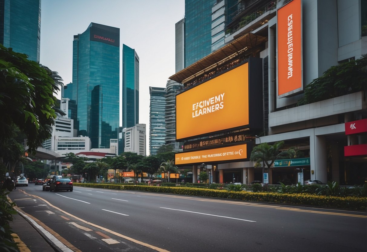 A vibrant cityscape with a prominent "Exclusive Discounts for Lifelong Learners" billboard, surrounded by bustling streets and diverse buildings, showcasing the energy and excitement of Udemy promotions in Singapore