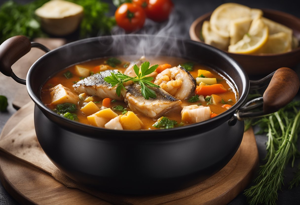 A pot of bubbling fish stew with chunks of fish, vegetables, and herbs simmering in a savory broth over a flickering flame