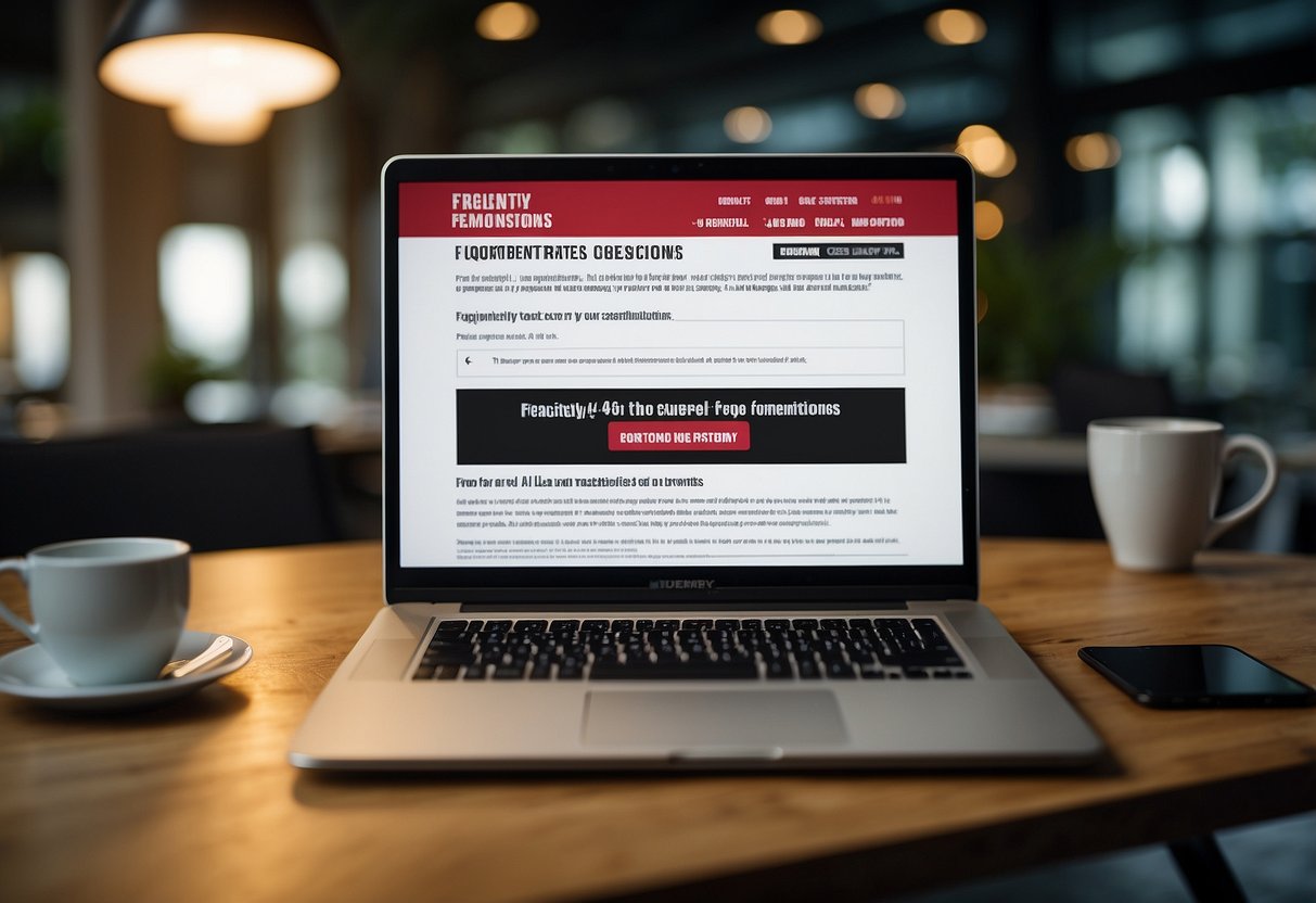 A laptop displaying "Frequently Asked Questions" and "Udemy promotions Singapore" on the screen, with a promotional banner and logo visible