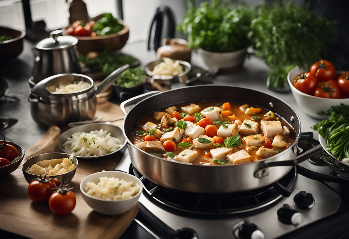 A pot simmering on a stove filled with chunks of fish, tomatoes, onions, and herbs. Nearby are bowls of alternative ingredients like tofu and mushrooms