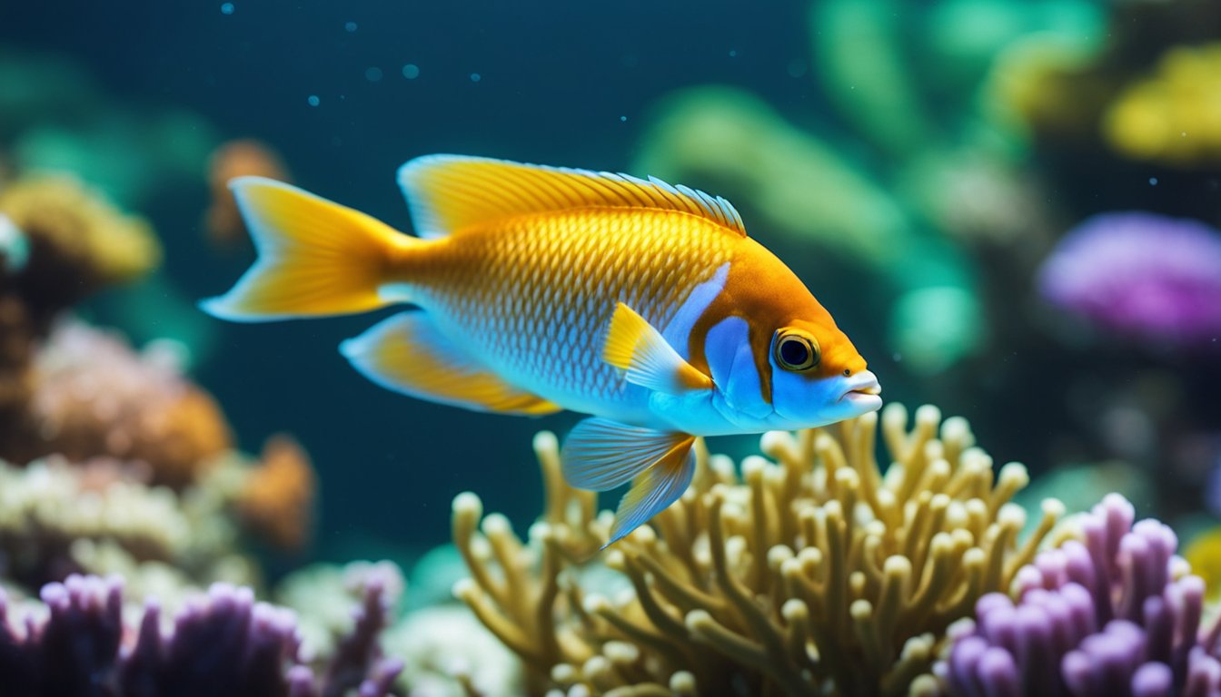 A colorful ang go li fish swims gracefully among vibrant coral reefs and swaying sea plants in the crystal-clear waters of the ocean