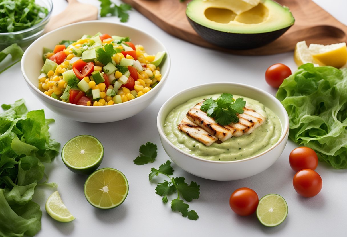 A wooden cutting board with fresh ingredients: diced tomatoes, shredded lettuce, grilled fish, and corn tortillas. A bowl of creamy avocado sauce and lime wedges on the side