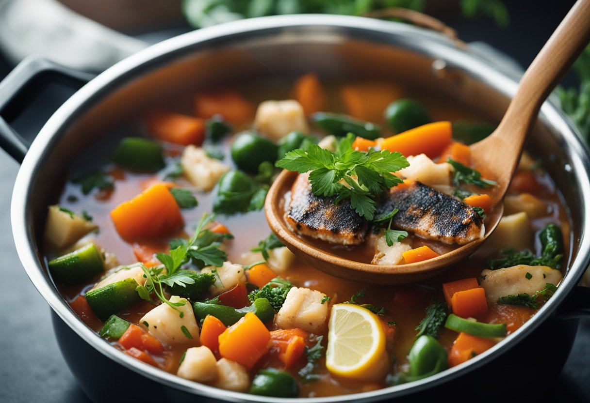 A pot of bubbling fish stew with colorful vegetables and aromatic herbs, steam rising from the surface. A ladle rests on the edge of the pot