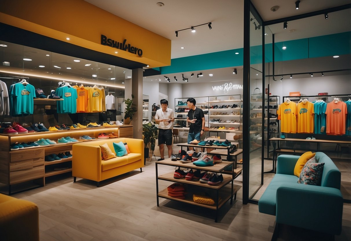 A group of excited Vans members enjoying exclusive promotions at a store in Singapore. Brightly colored shoes and clothing are on display, with happy customers browsing and making purchases