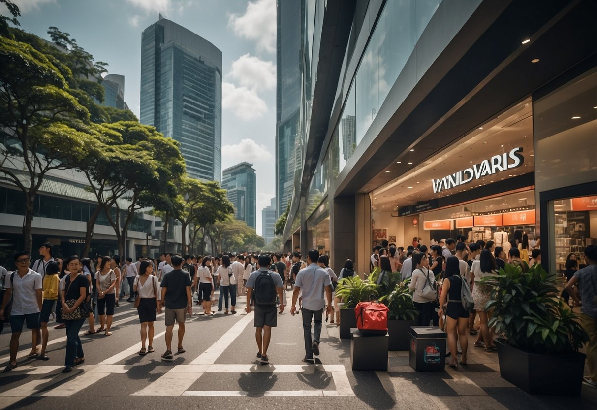 A busy street in Singapore with a line of people waiting to enter a Vans store, with promotional banners and signs displayed outside