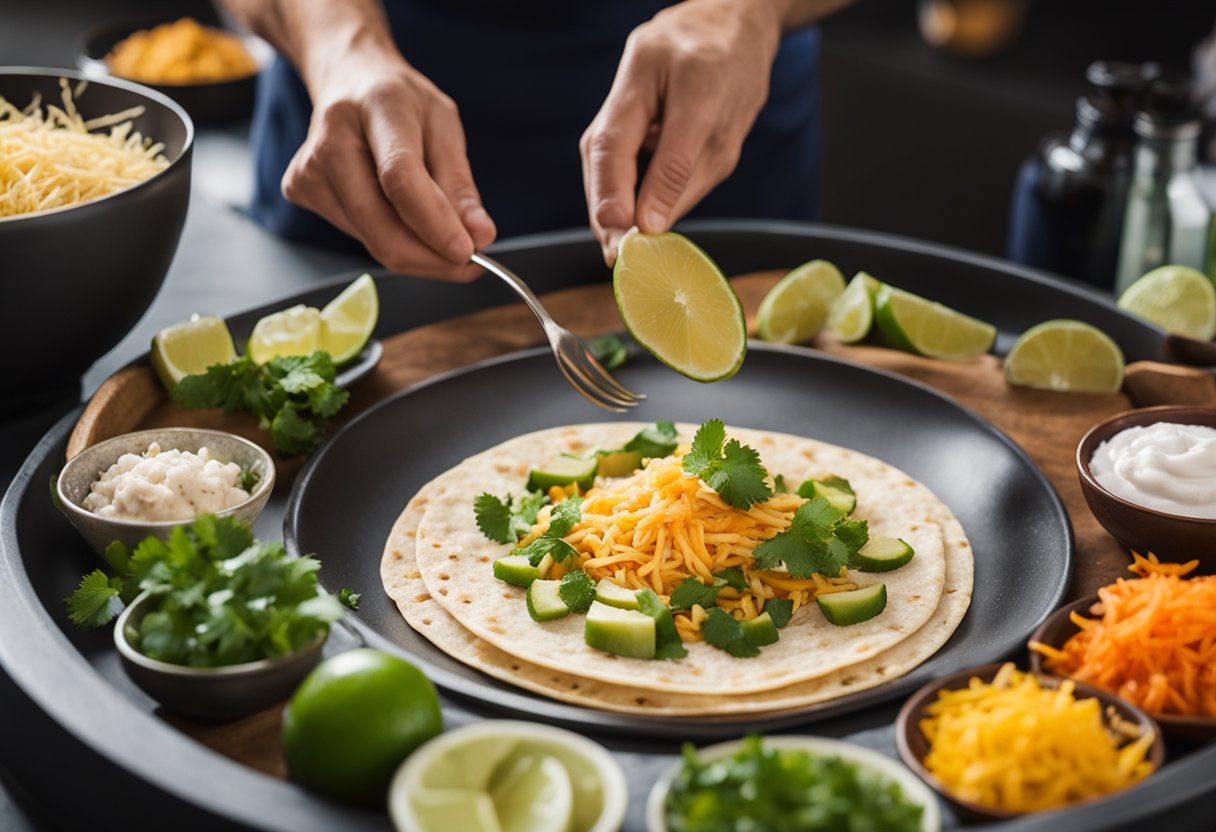 A hand mixing ingredients for fish taco filling in a bowl, with a stack of tortillas and various toppings nearby