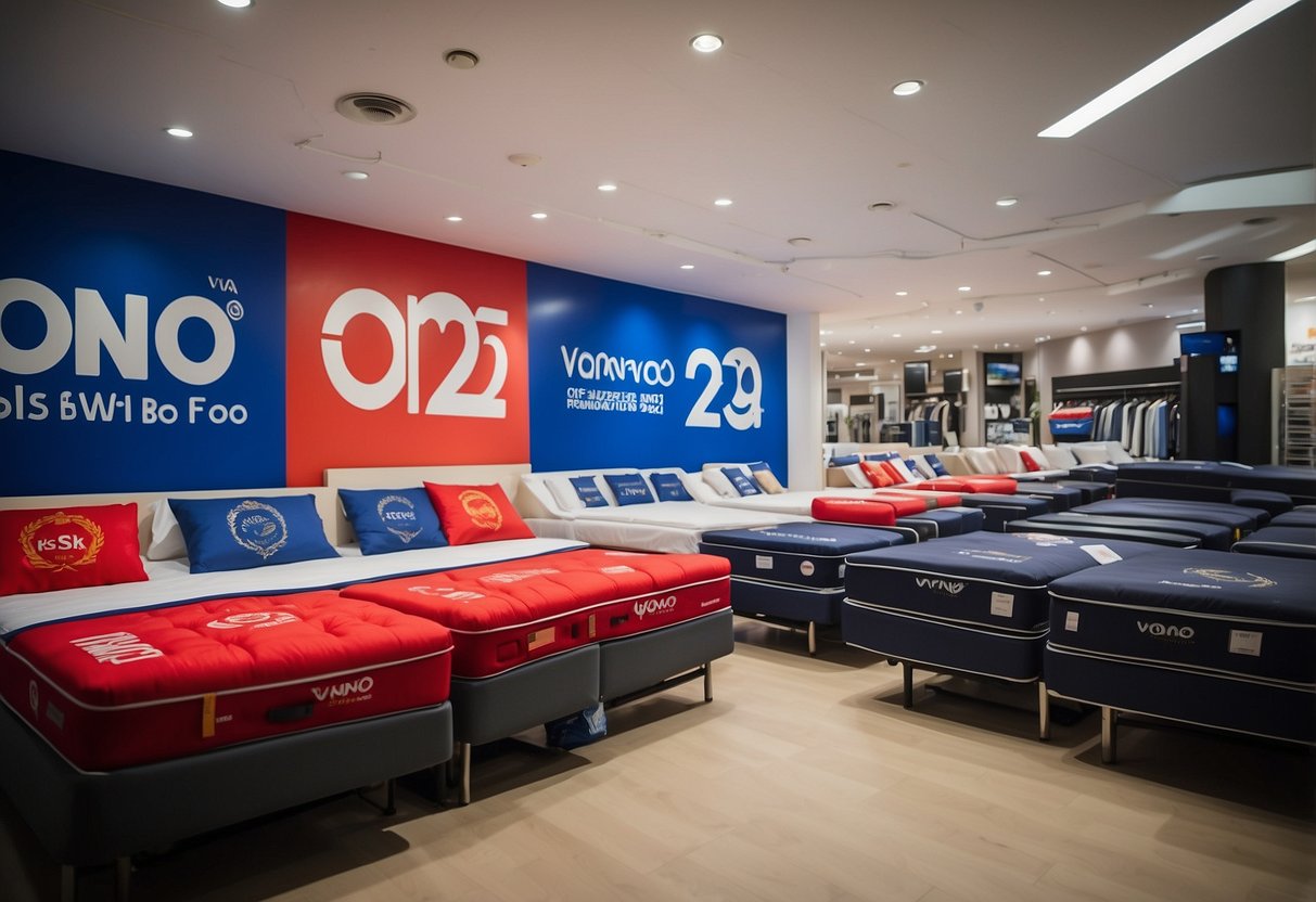 A showroom displays Vono mattresses with "2024 Promotions" signs. Singaporean flags and discount tags adorn the beds