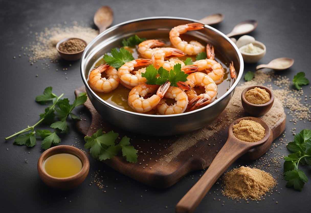 A bowl of marinated prawns, flour, and five spice powder. A hand dipping prawns in batter. A pan sizzling with hot oil