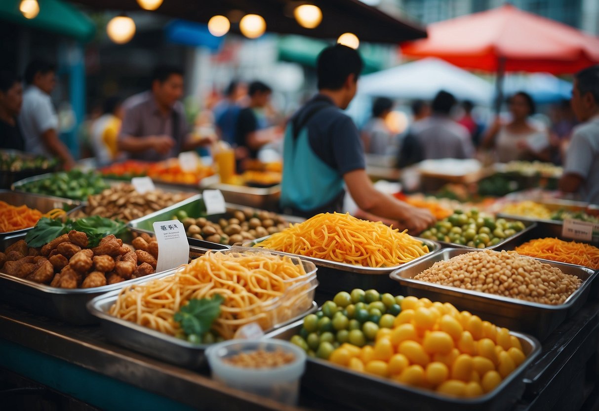 A bustling Singapore street market with colorful Western food stalls and vibrant promotional signs