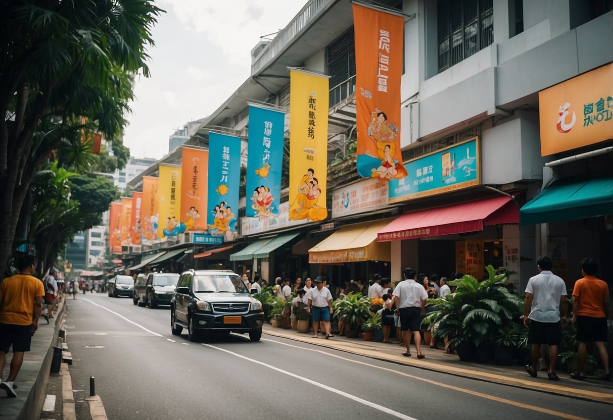The bustling streets of Singapore are adorned with colorful banners and signs promoting Homesurf, creating a vibrant and energetic atmosphere