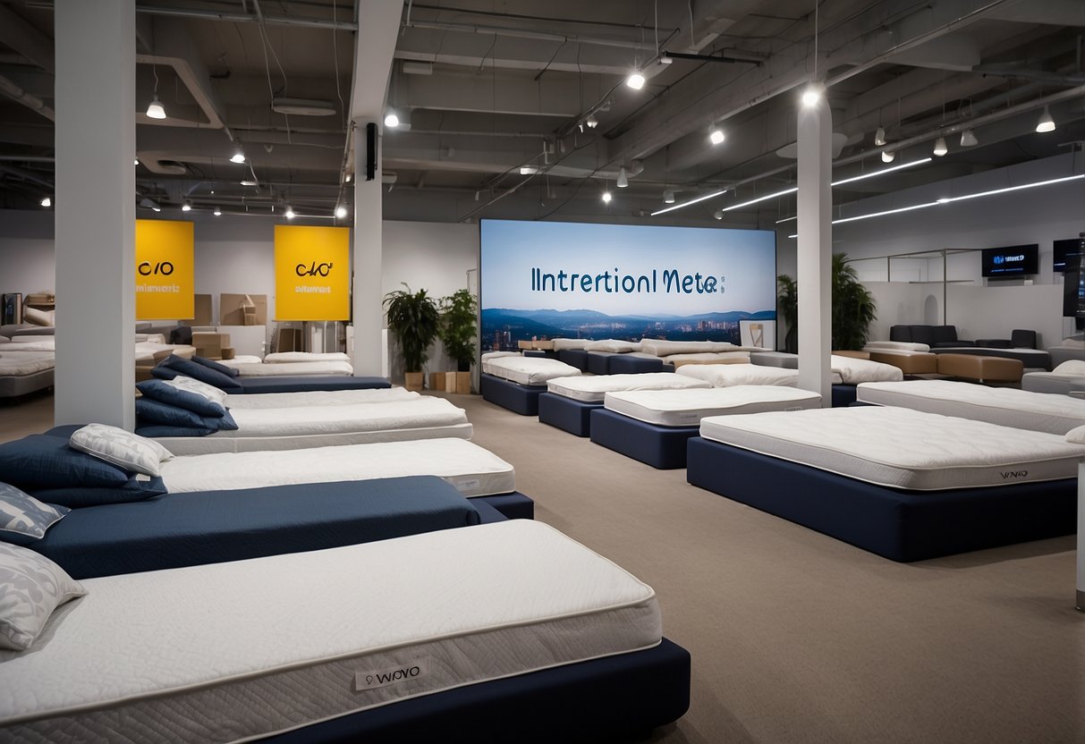 A bright, modern showroom with rows of Vono mattresses on display. A large sign advertises "International Mattress Promotions" in bold letters