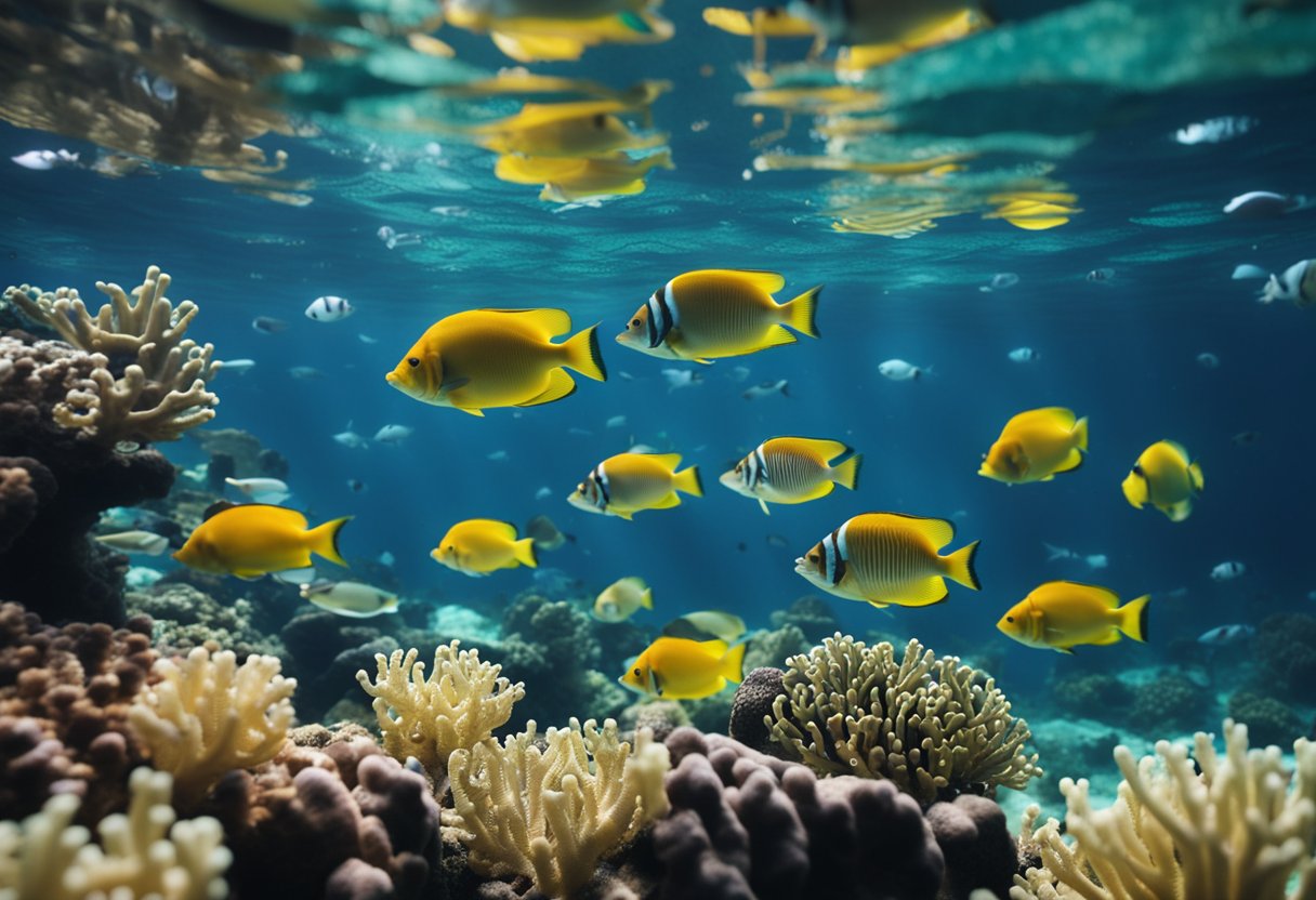 A vibrant underwater scene with colorful coral and a school of asam fish swimming gracefully