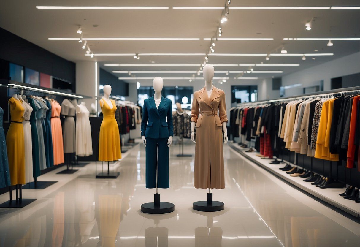 Brightly lit fashion store with bold signage, showcasing latest promotions. Mannequins dressed in trendy outfits, surrounded by racks of discounted clothing